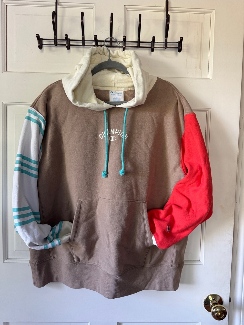 Champion Colorblock Hoodie in Brown, Red and Teal